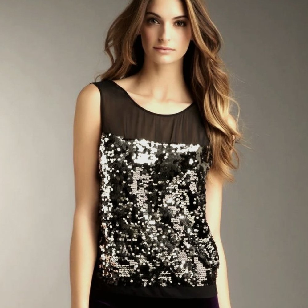 BCBGMaxAzria Jannie Sequined Silk Draped Low Back Top, XXS